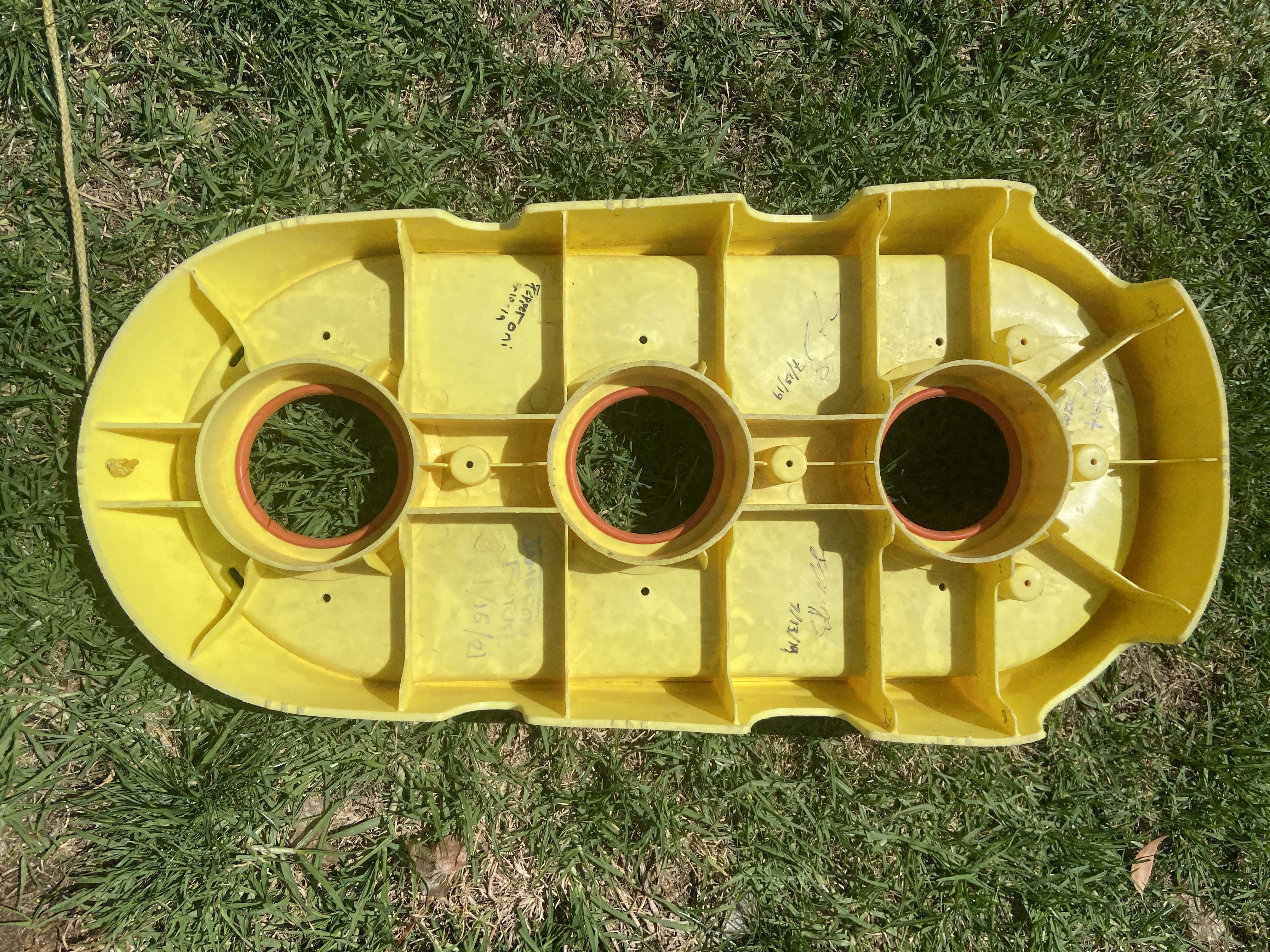Underside of the yellow Chuckers board showing the reinforced ribbed construction.